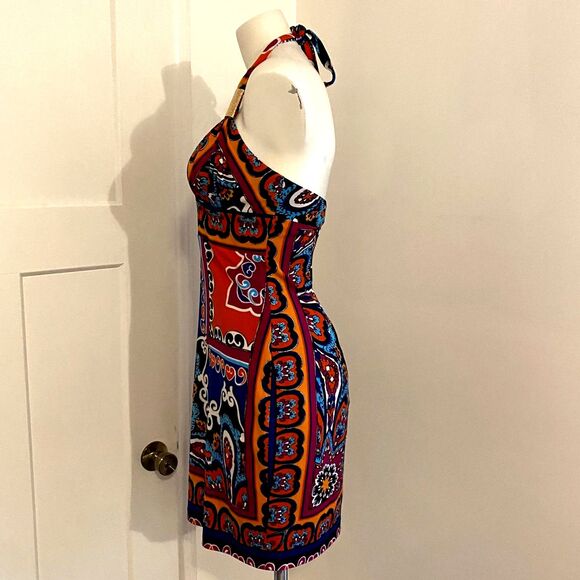 Y2K Cache size 6 Halter Colorful Loud Print with Gold Accents Summer Mini Dress - Picture 3 of 8
